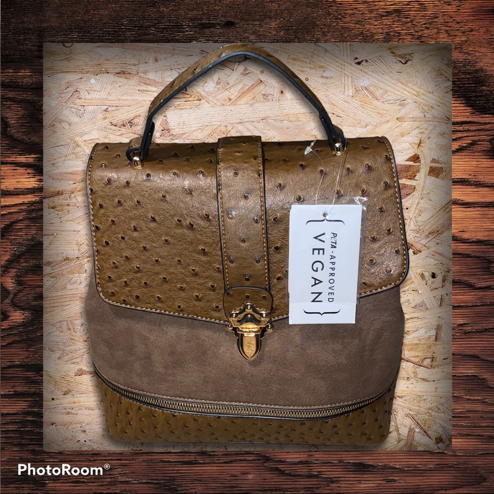 KHAKI OSTRICH VEGAN BACKPACK PURSE